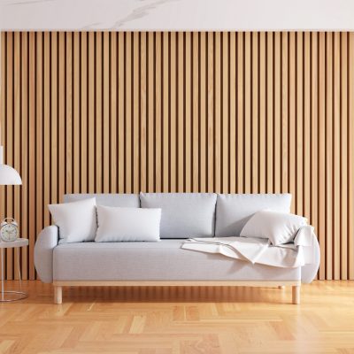 Gray sofa in living room interior with copy space for mock up, 3D rendering